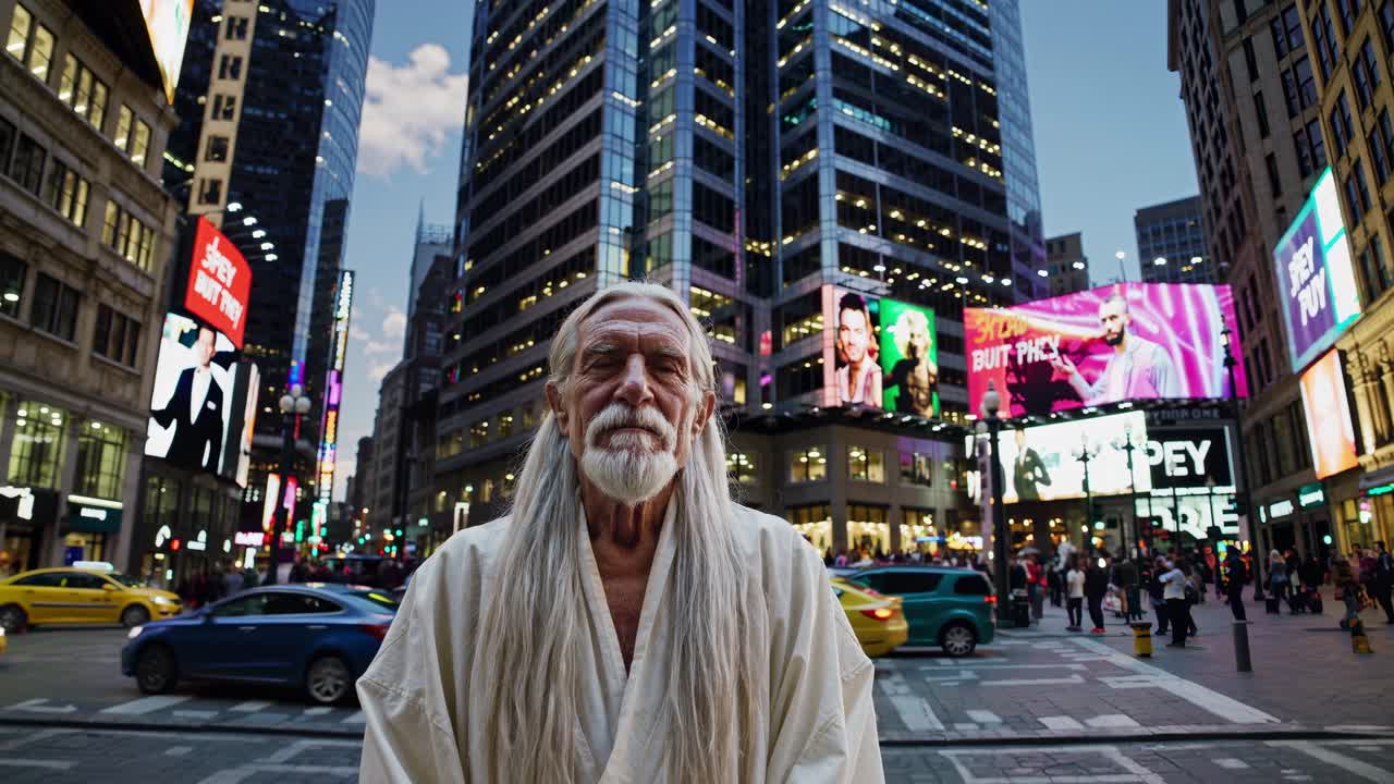 Senior man with long hair and white beard wearing a bathrobe standing in Times Square, New York City, surrounded by billboards and traffic, representing a contrast between tranquility and chaos