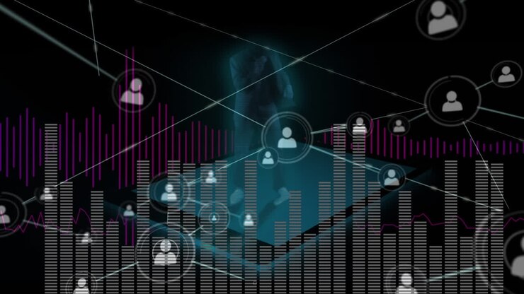 Animation of network of connections over graphs and human silhouette on black background