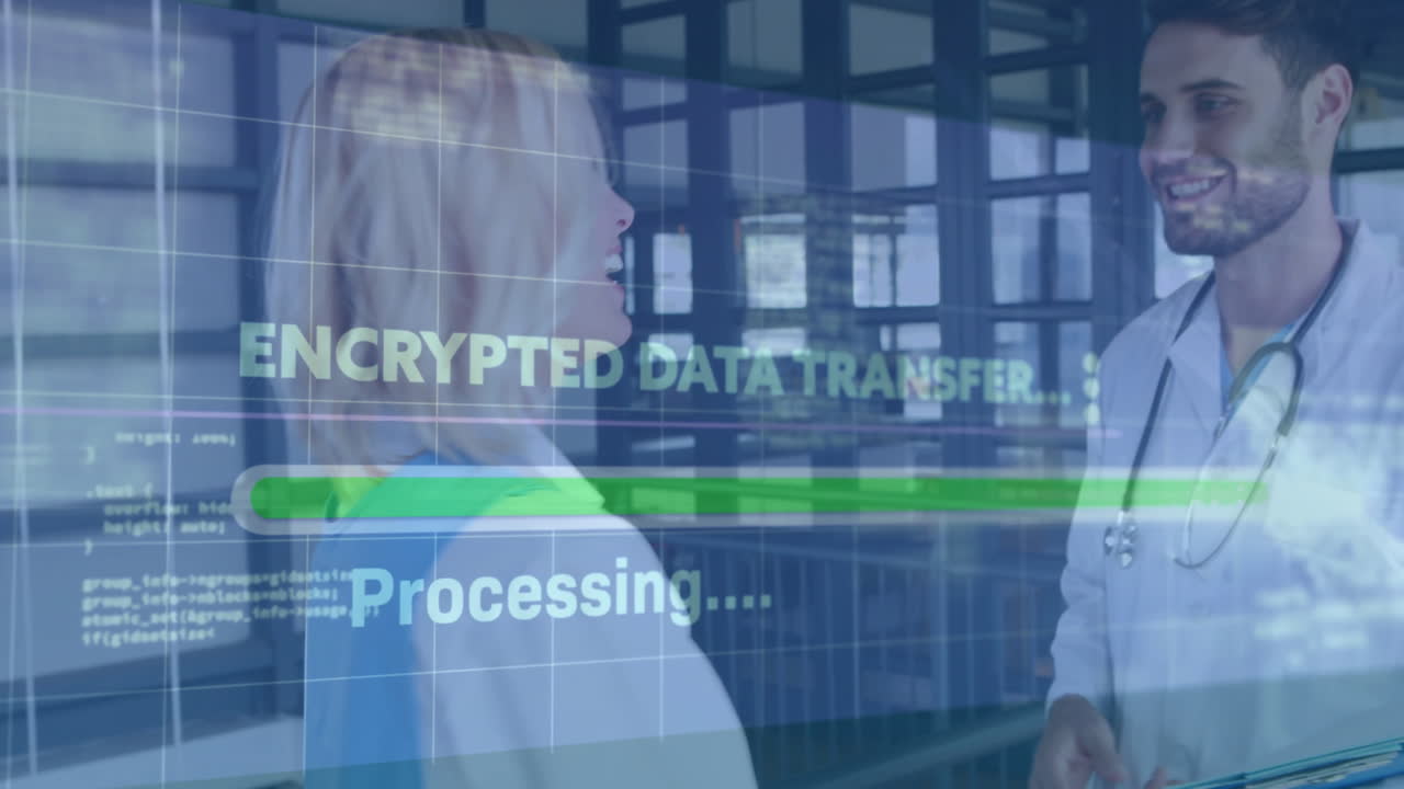 Medical colleagues discussing encrypted data on tablet in healthcare facility, showing progress bar