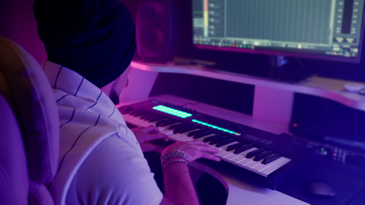 músico tocando el teclado midi en el estudio de grabación