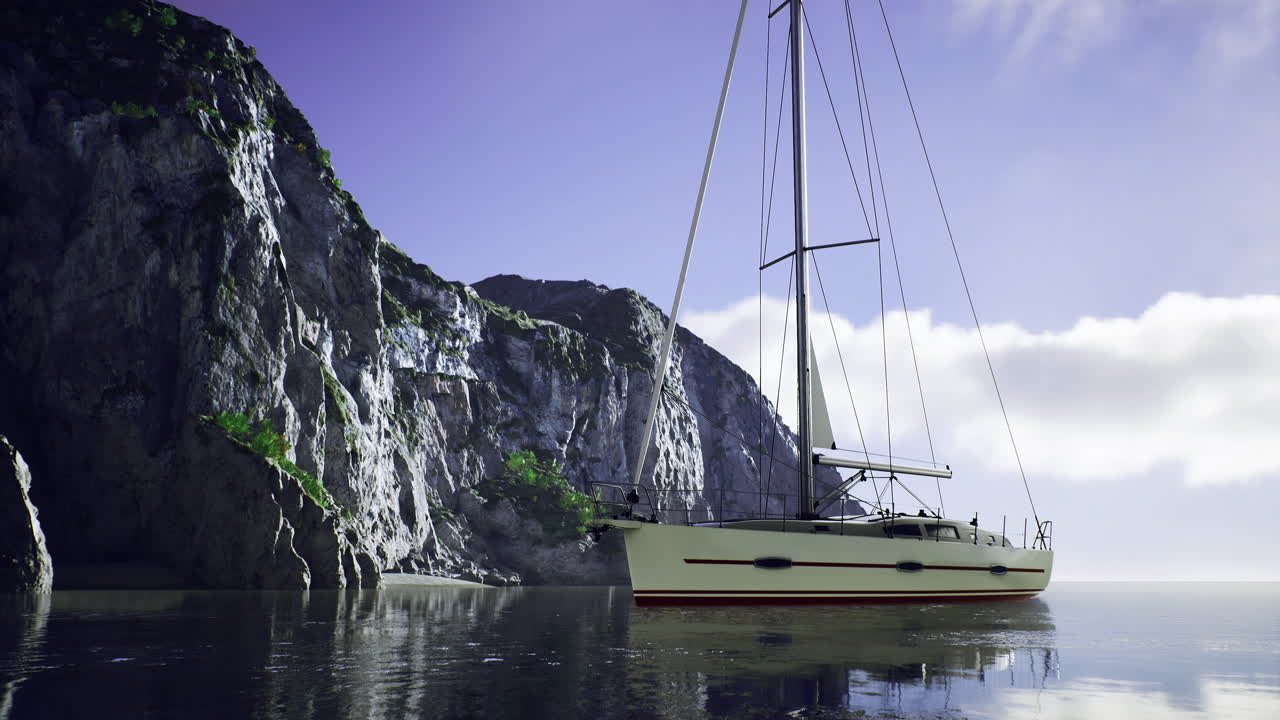 Sailing vessel anchored near stunning rocky cliffs under a clear sky