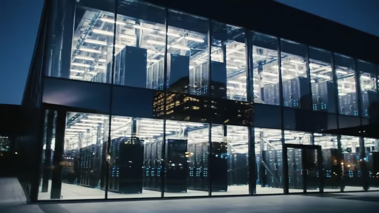 This modern data center showcases its sleek, illuminated structure amid the vibrant urban skyline. Bright lights highlight the technology inside as dusk falls, creating an impressive view.