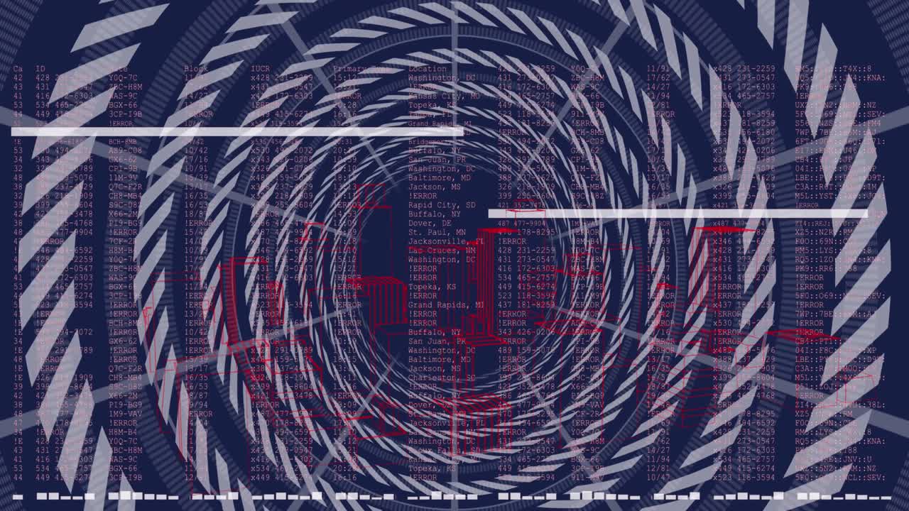 animación de formas circulares en patrón sin costura y modelo de ciudad 3d y procesamiento de datos
