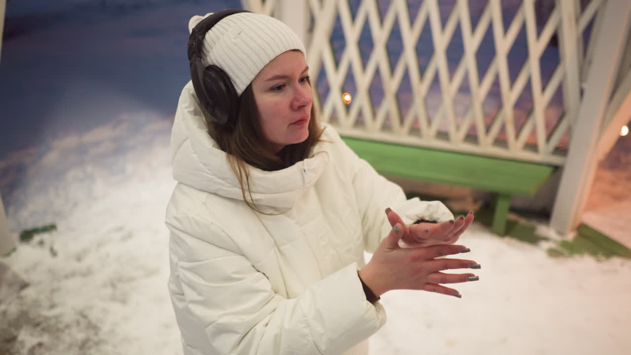 Young lady wearing headphones and white puffer coat moves hands with serious expression inside illuminated snowy pavilion overlooking park through latticed walls under soft overhead lights