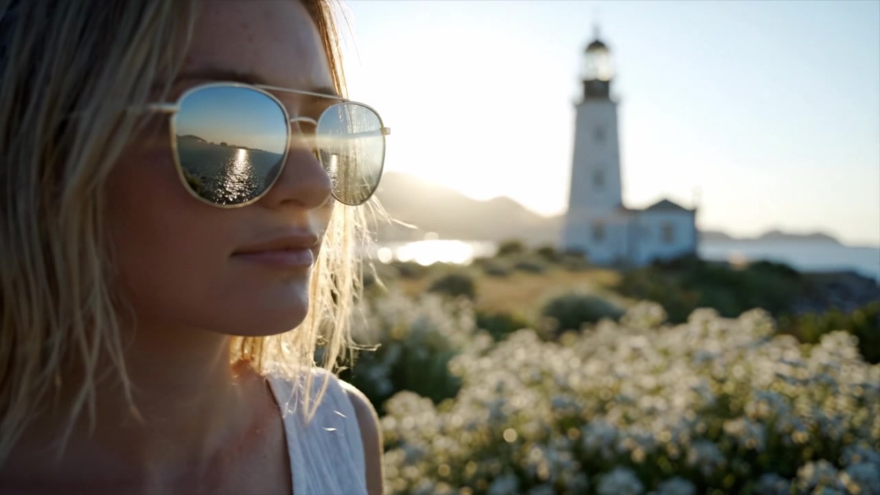 En rolig solnedgang ved fyret: En kvinne med solbriller nyter naturens skjønnhet, omgitt av blomster og refleksjonen av det solbelyste havet.