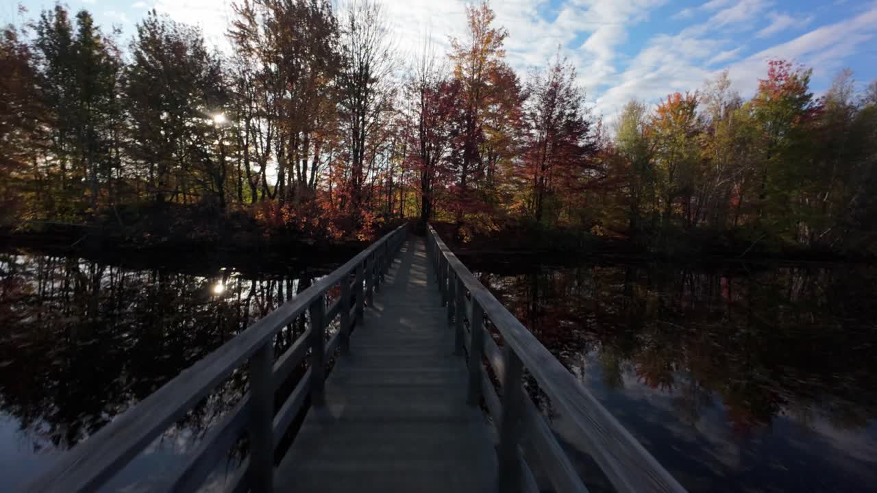 Nature Forest Park With Autumn Colors At Sunrise Near Sainte-Julie In Quebec, Canada. FPV Shot