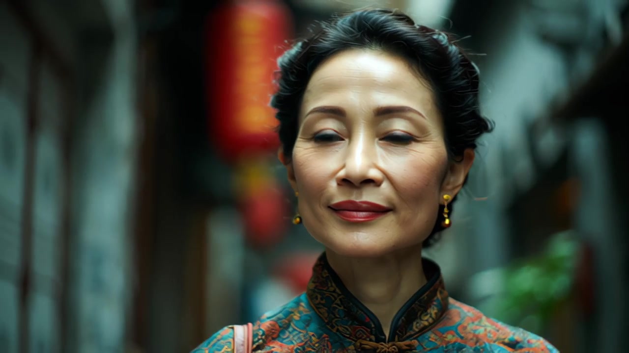 Riprese ravvicinate di un'elegante donna anziana asiatica che indossa abiti tradizionali a fantasia, in piedi all'aperto su una stretta strada cittadina con luci bokeh soffuse