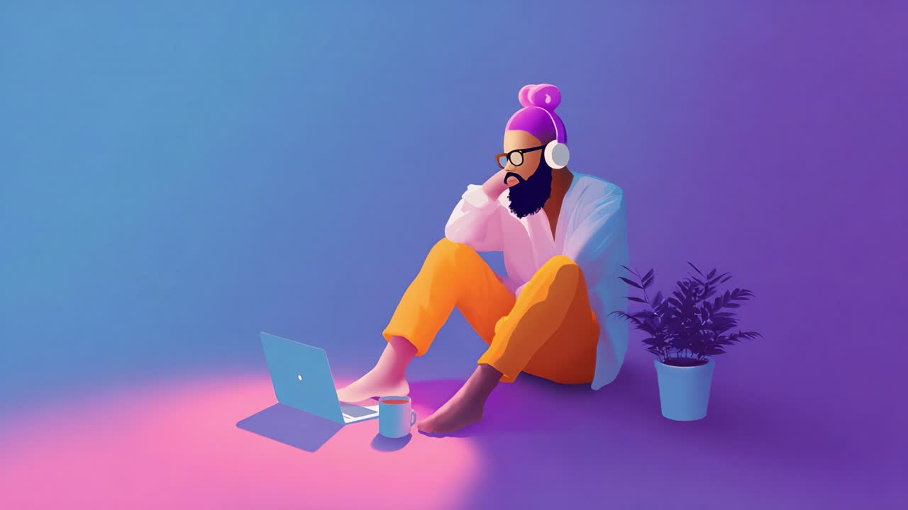 A relaxed individual with headphones sits on the floor, deep in thought while using a laptop, surrounded by a potted plant and bathed in vibrant purple and orange lighting
