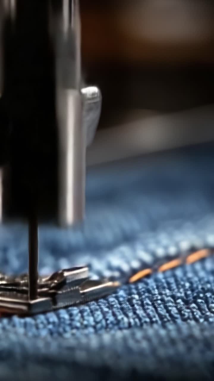 Close-Up Views of a Sewing Machine Needle in Action, Showcasing Precision Stitching on Denim Fabric and the Intricacies of Textile Artistry