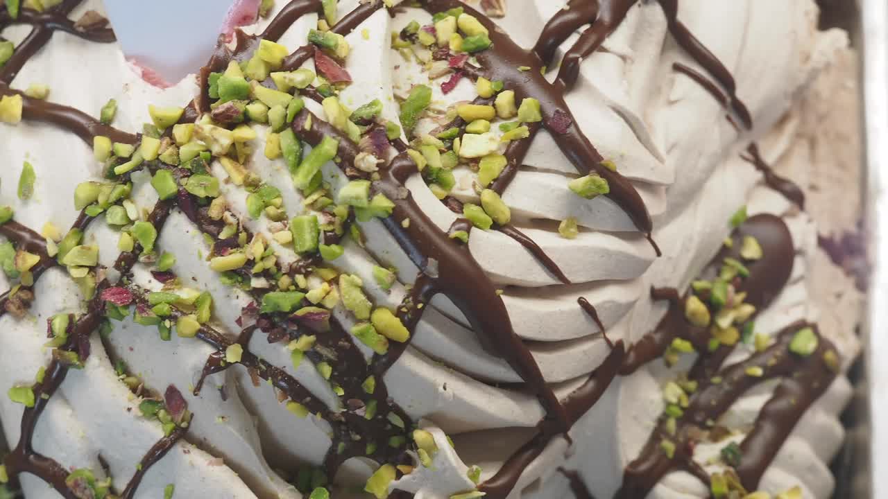 Close-up of pistachio and chocolate gelato