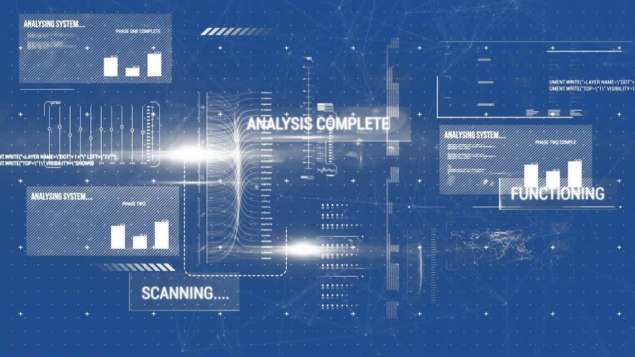 Analysis complete and scanning text animation over digital data processing interface