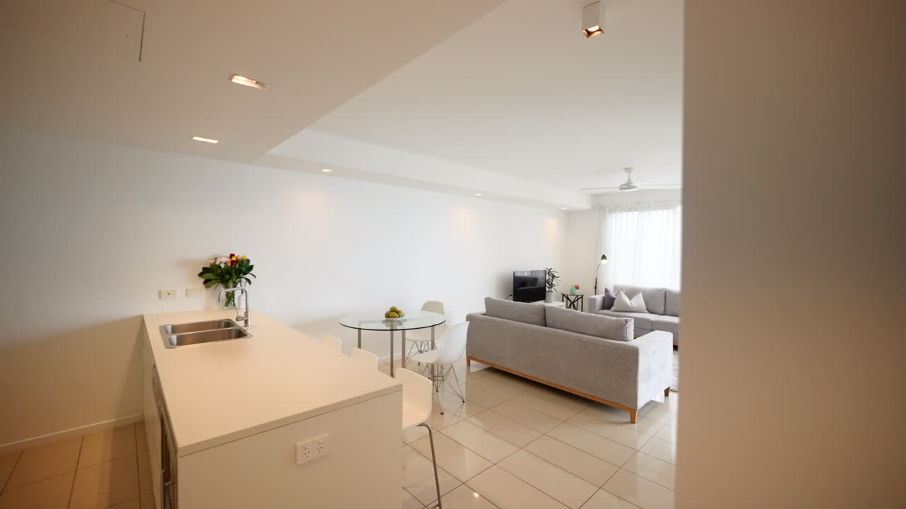 중간 크기의 작은 아파트 내부 부과 스토브, 풍부한 캐비, 접시 세탁기, 큰 라운지  및 식당