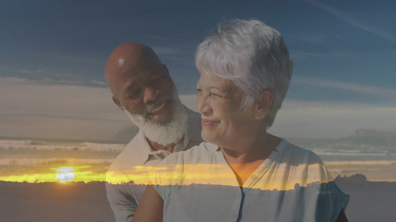 Mulher virada para a direita, homem dando um passo à frente iniciando um abraço nas férias, sobreposição de nascer do sol se fundindo
