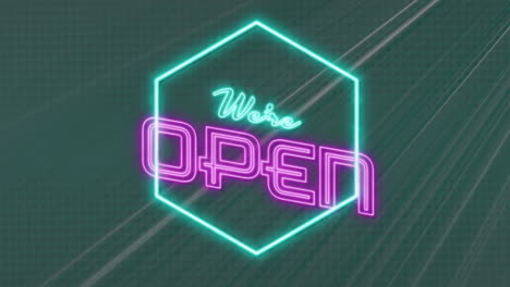 animation of we're open neon text over neon pattern on green background