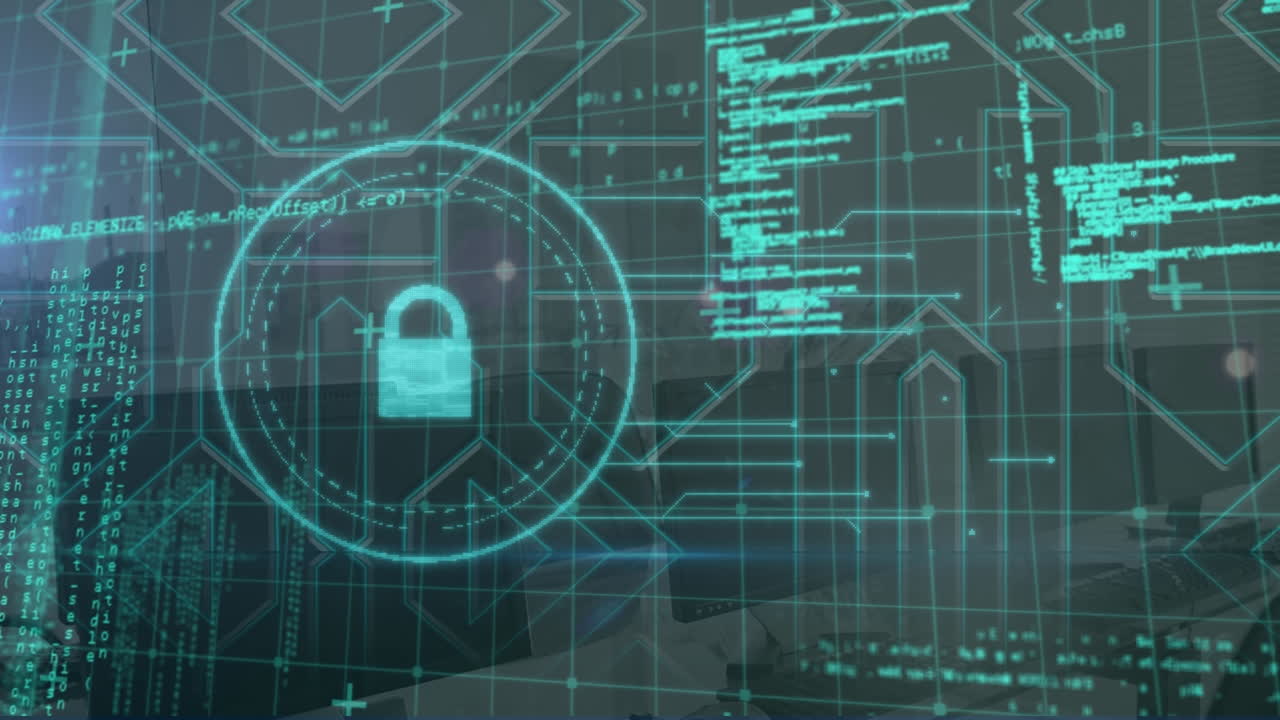 animación de un candado digital en círculo y procesamiento de datos en computadoras en la oficina