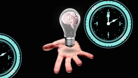 animación del reloj moviéndose sobre la bombilla y el cerebro