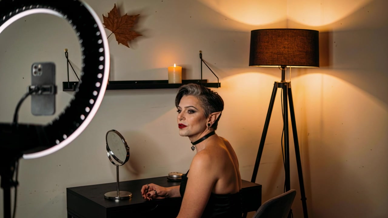 Recording starting, creator with elf ears, strapless top turning toward ring light phone, filming