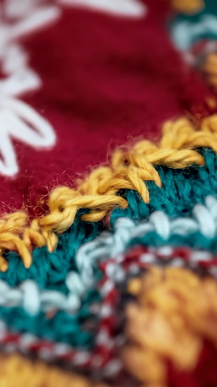 Vertical video: At start, zooming lens over colorful textile in macro shot, highlighting yarn loops
