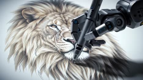 a robotic arm skillfully captures the essence of a majestic lion in stunning detail, showcasing the intersection of technology and artistry