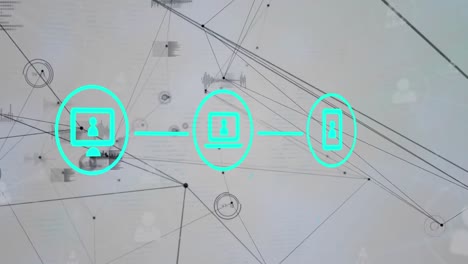 Animation-Des-Netzwerks-Von-Verbindungen-Mit-Symbolen-Und-Datenverarbeitung-Auf-Weißem-Hintergrund