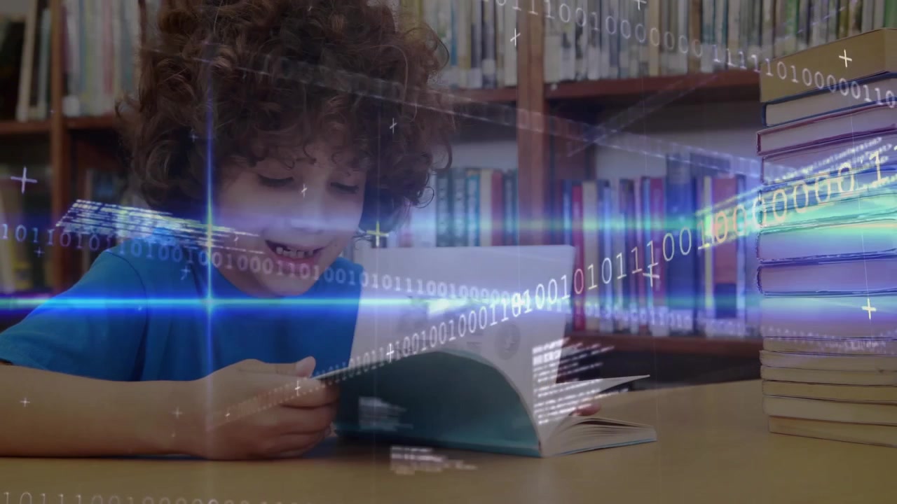 Elementary-school student opening blue book at library and activating digital overlay for education