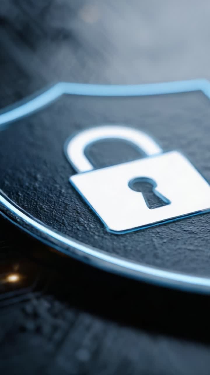 Close-Up View of a Digital Security Shield Featuring a Padlock Symbol Representing Protection and Cybersecurity Measures in Modern Technology