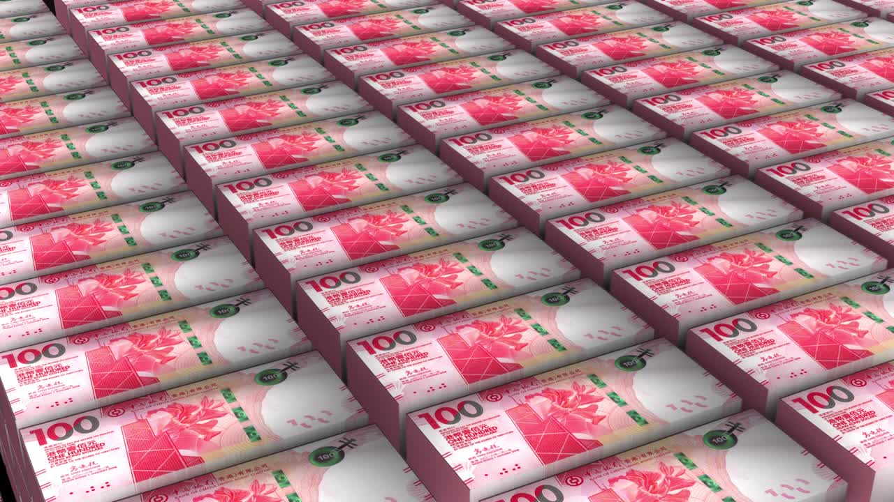 Ảnh động 3D chồng tiền giấy 100 Đô la Hồng Kông trên nền trắng