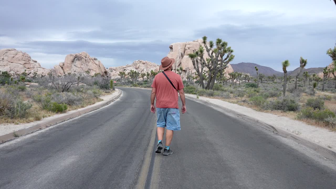 Uomo che cammina su una strada attraverso il paesaggio desertico del Parco Nazionale di Joshua Tree
