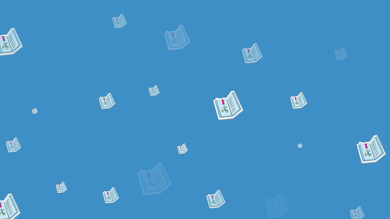 여러 과학 교과서 아이콘의 애니메이션은 복사 공간과 함께 파란색 배경에 원활한 패턴으로