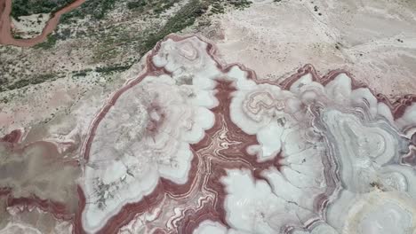 Strange-Rocky-Layered-Hills-in-Scenic-Utah-Desert-National-Park-USA,-Top-Down-Aerial-View