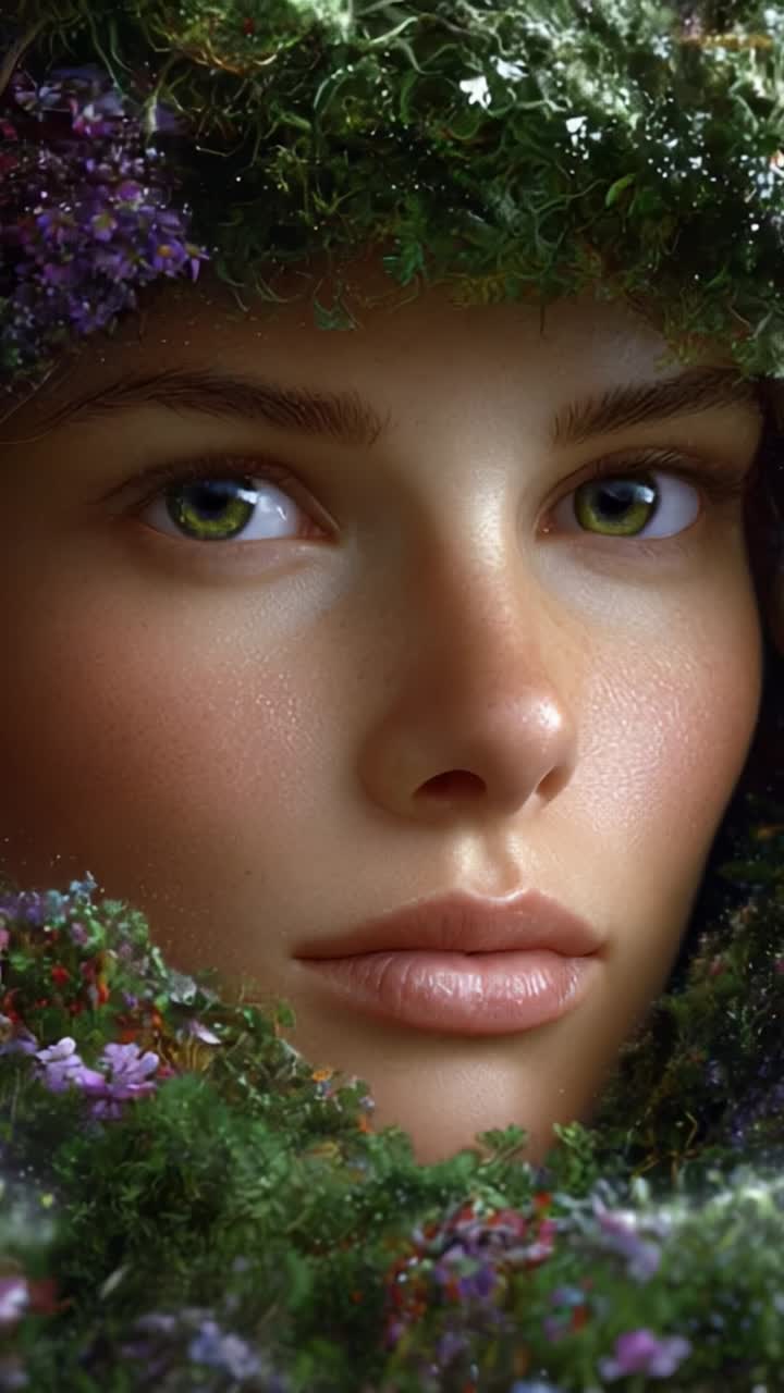 Un accattivante primo piano di una giovane donna circondata da una vegetazione lussureggiante e fiori vivaci, che emana bellezza naturale e serenità in un ambiente da sogno