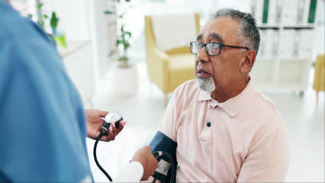 old man patient, doctor and blood pressure check