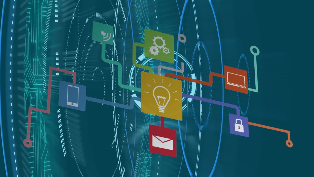 컴퓨터 회로판을 통해 스 ⁇  스캐닝과 데이터 처리의 애니메이션