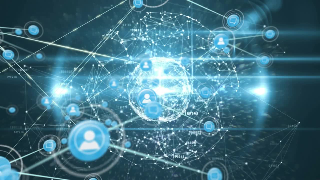 Luminous core pulsing, central globe emitting nodes and links, expanding to show global network