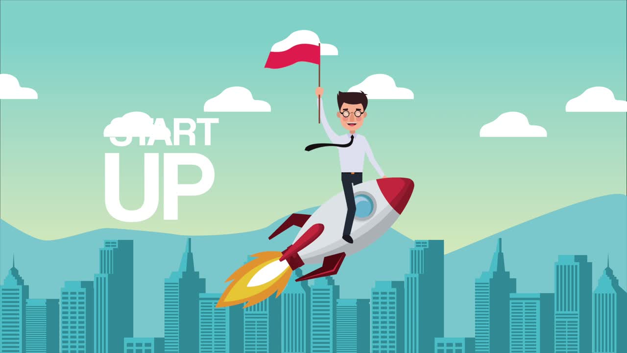 elegant successful businessman flying in rocket with flag on the city