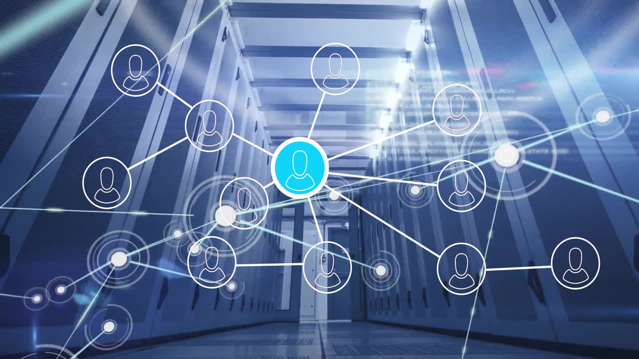 Animation of connections with people icons and digital data processing over computer servers