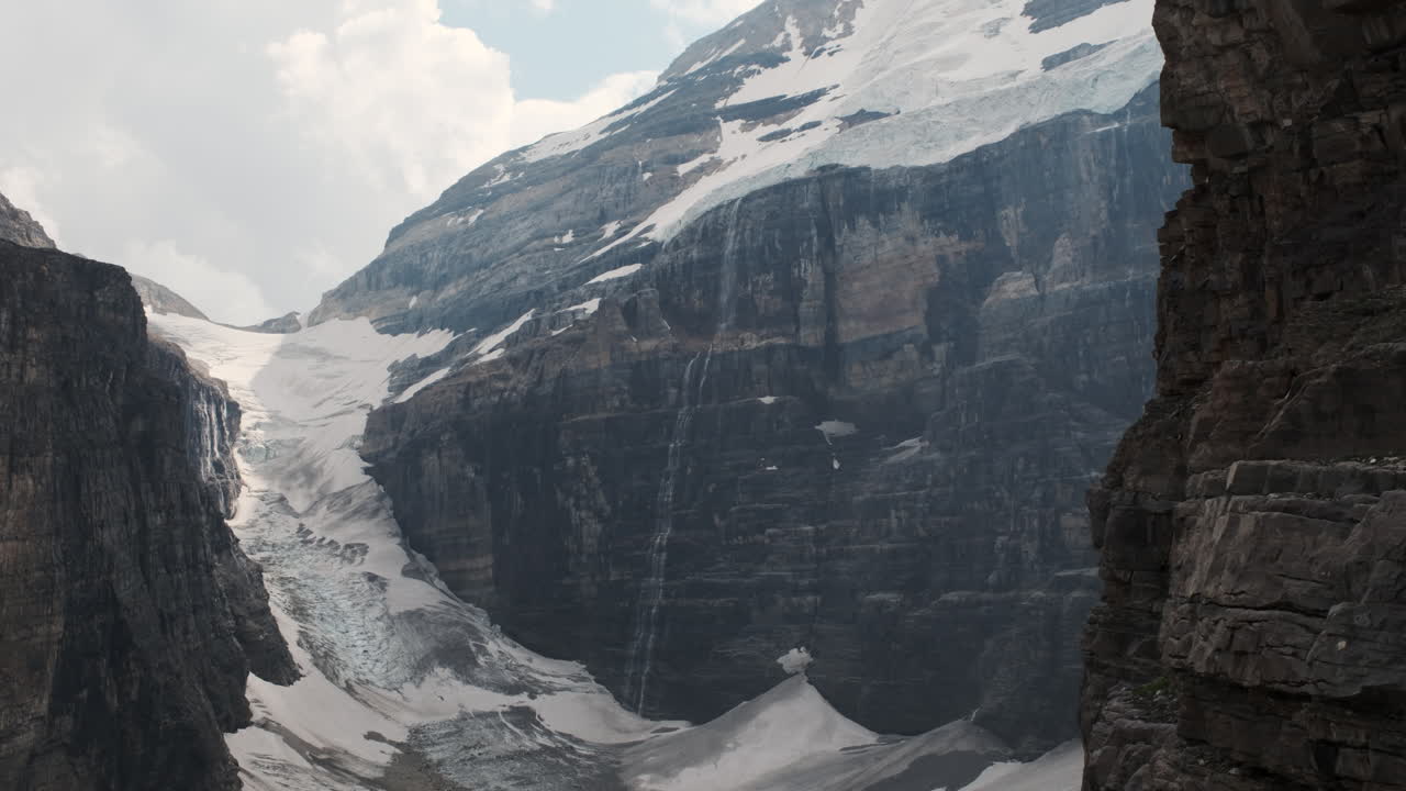 Glacier nestled between towering peaks in the Canadian Rockies