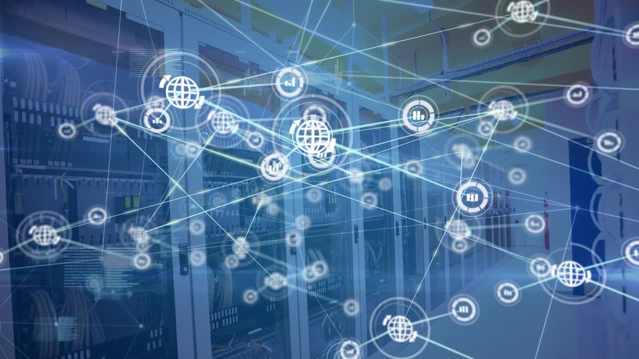 Animation of network of connections with icons over computer servers