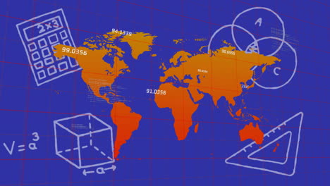 Animation-of-mathematical-data-processing-and-world-map-over-blue-background