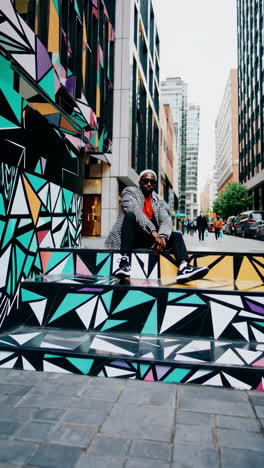 stylish man posing on vibrant geometric art in urban setting