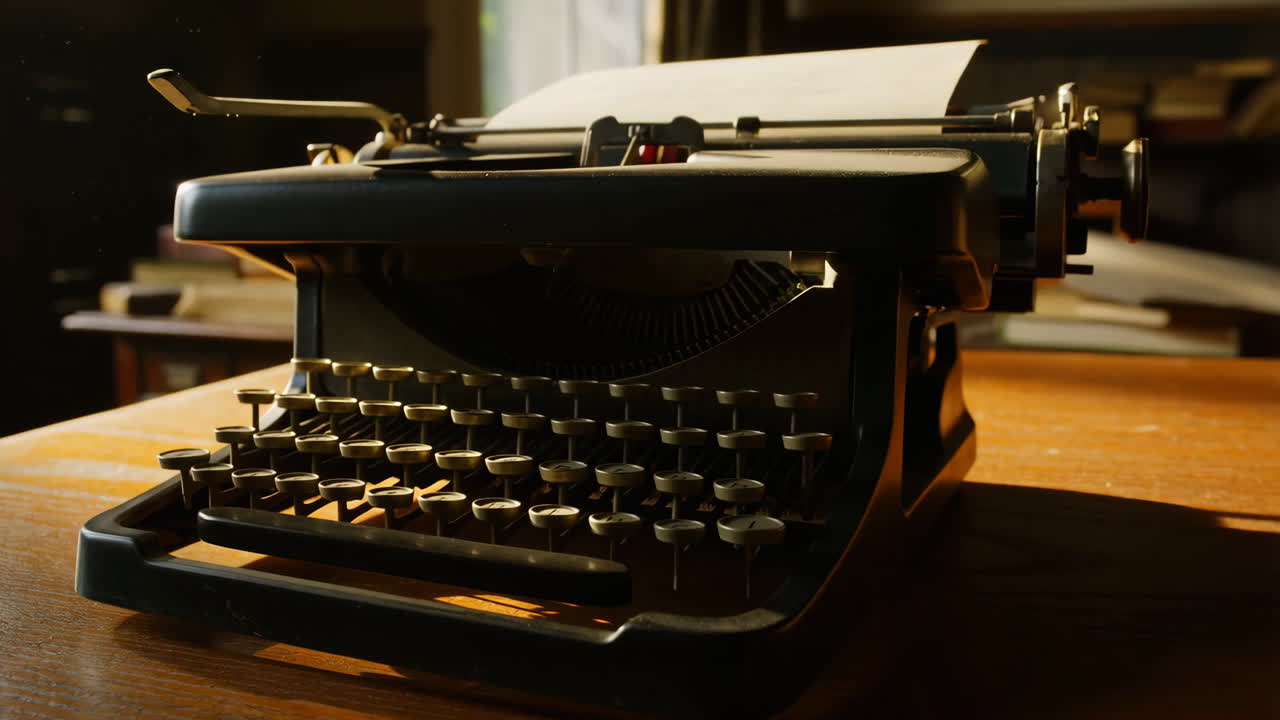 A vintage typewriter on a wooden desk with warm light