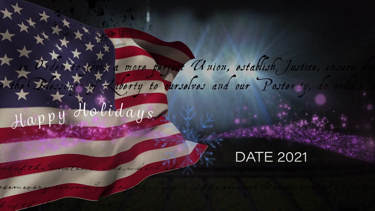 Animation of happy holidays, writings and flag of usa on black background