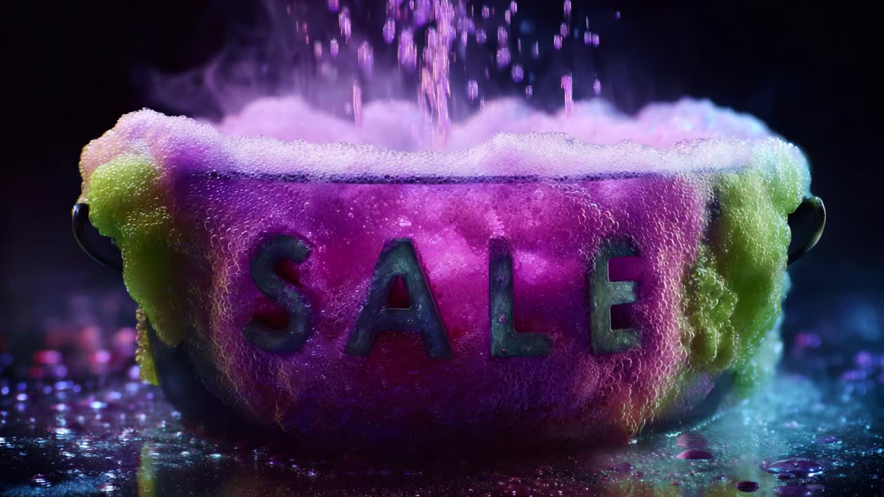 A Mysterious Cauldron Bubbles with Colorful Foam and Signifies an Enticing Sale, Creating an Enigmatic Atmosphere Filled with Fragrant Steam and Playful Hues of Purple and Green