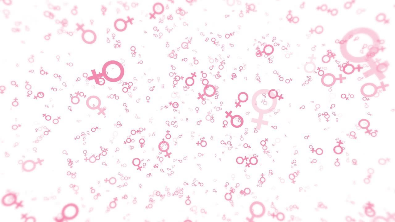 A white background with pink female symbols falls. Gender signs animated elements in a simple seamless loop