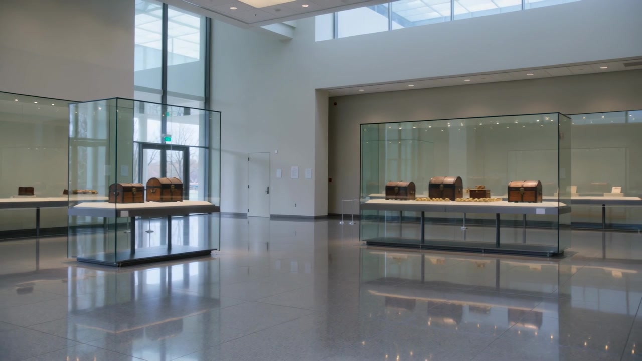 Cámara panorámica moviéndose a la derecha y hacia adentro a través de una galería de museo, revelando vitrinas y cofres de madera.