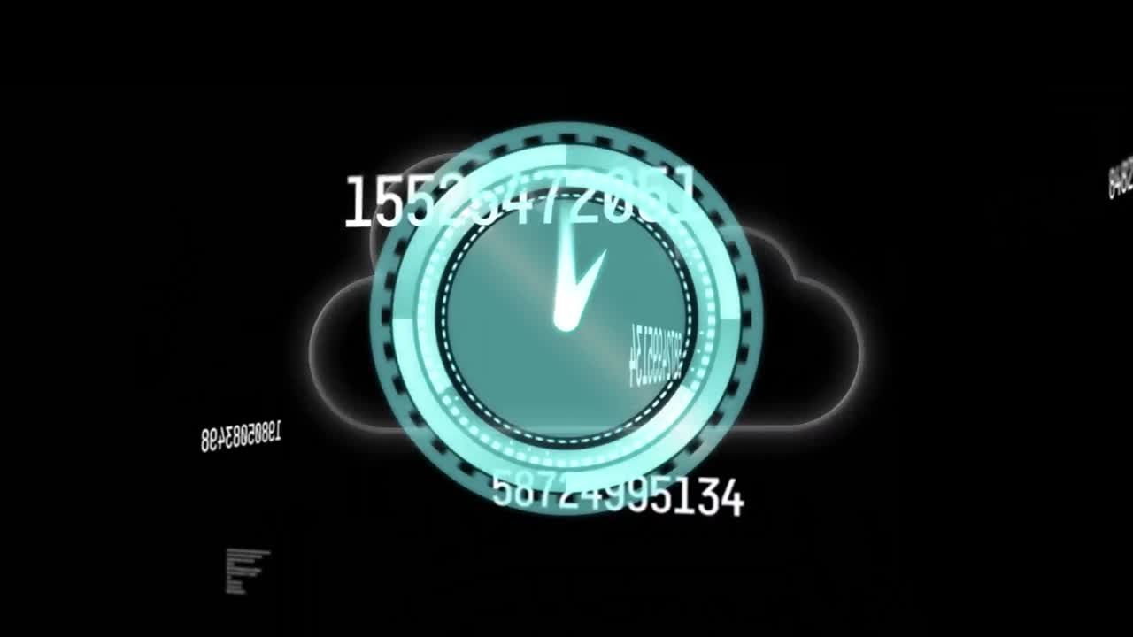 검은 바탕에 움직이는 시계와 구름의 애니메이션