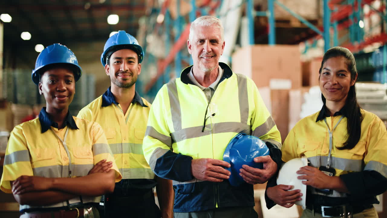 Diverse Team of Happy Warehouse Workers Smiling at Camera