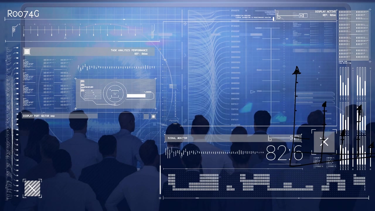 Animation of multiracial team looking at infographic data processing on digital interface at office