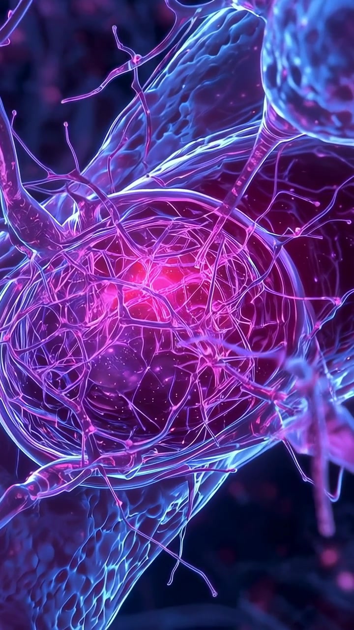 Vertical video: Zooming camera showing synapse pulsing pink core in matrix strands meeting axon