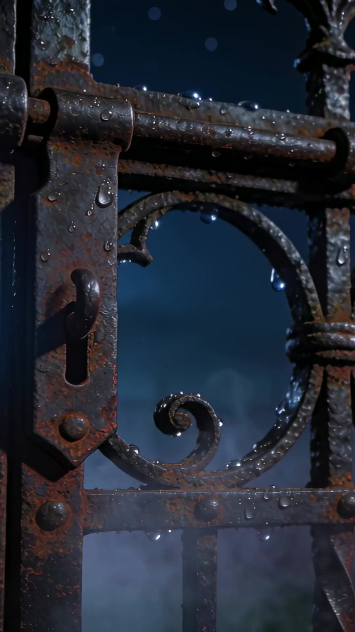 Vertical video: Dripping rusted wrought-iron gate showing droplets falling from night moisture